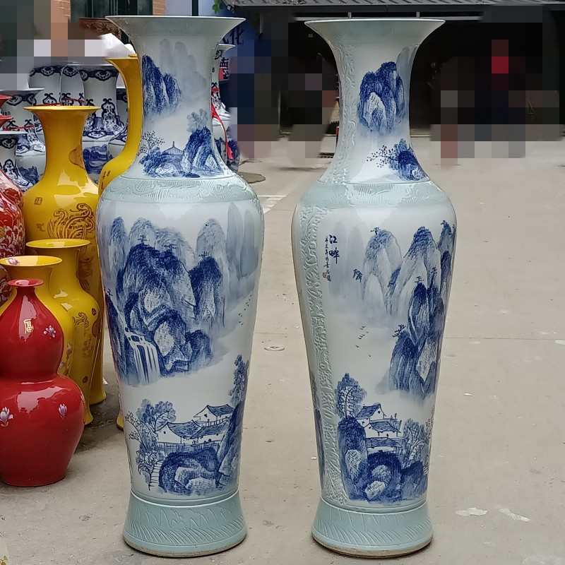 景德镇陶瓷大花瓶手绘荷花牡丹山水落地花瓶商务庆典开业礼品用瓷