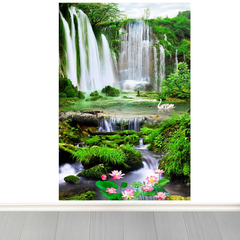竖版高山流水装饰画客厅玄关背景墙海报自粘画流水生财荷花贴纸画图片