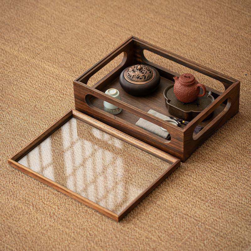 胡桃木防尘透明开合开窗玻璃柜茶具收纳盒展示盒首饰茶几收纳盒