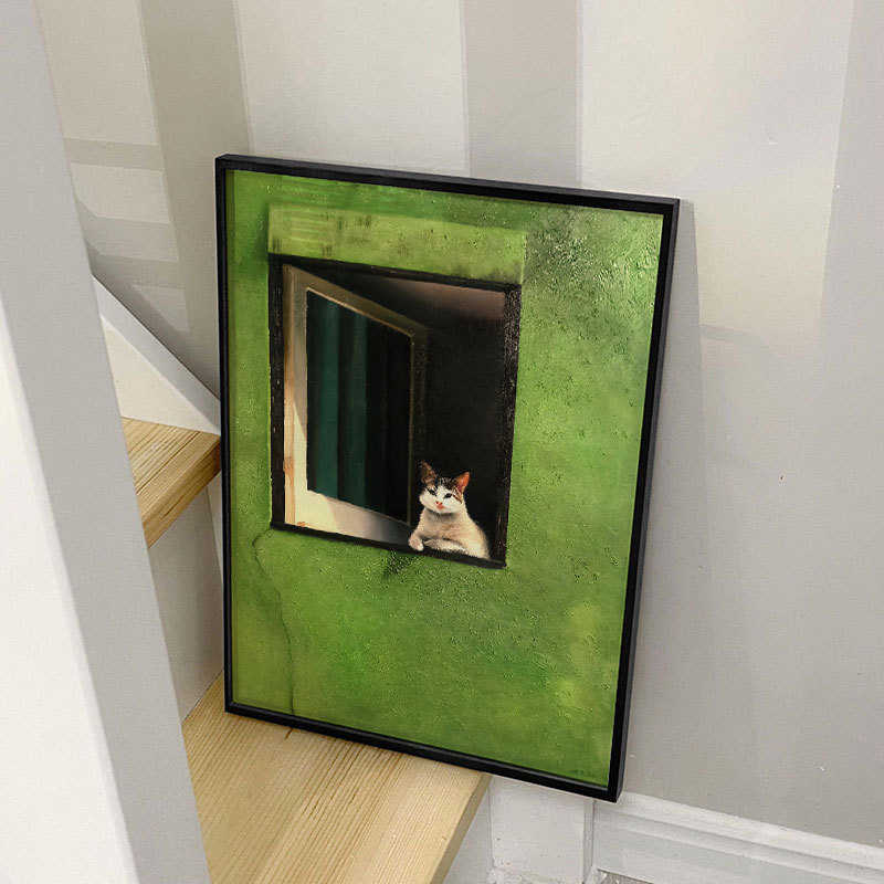 绿色小清新文艺治愈系慵懒猫咪装饰画现代简约客厅玄关儿童房版画图片