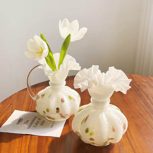 中古fenton芬顿花瓶褶皱花边奶白色单耳玻璃客厅水养插花器摆件