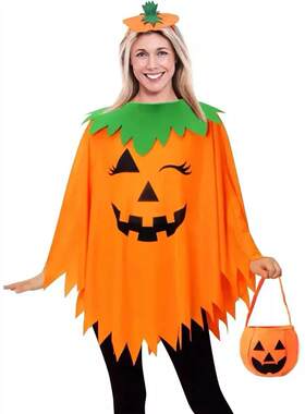 Adult Witch Pumpkin Cloak Hat Suit Cosplay Costume Smock