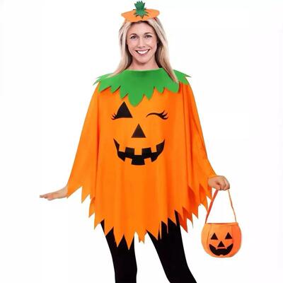 Adult Witch Pumpkin Cloak Hat Suit Cosplay Costume Smock