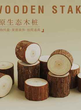 实木带皮装饰木柴圆木树桩杉木桩摆件道具壁炉装饰石斛种植底座木