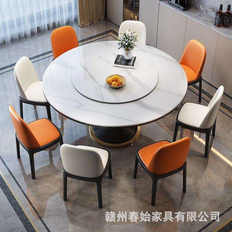 高端岩板餐桌现代简约岩板带转盘圆桌大户型全实木圆形饭桌子家用
