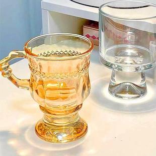 ins风女轻奢浮雕欧式拿铁咖啡杯复古琥珀色玻璃杯下午茶杯高颜值
