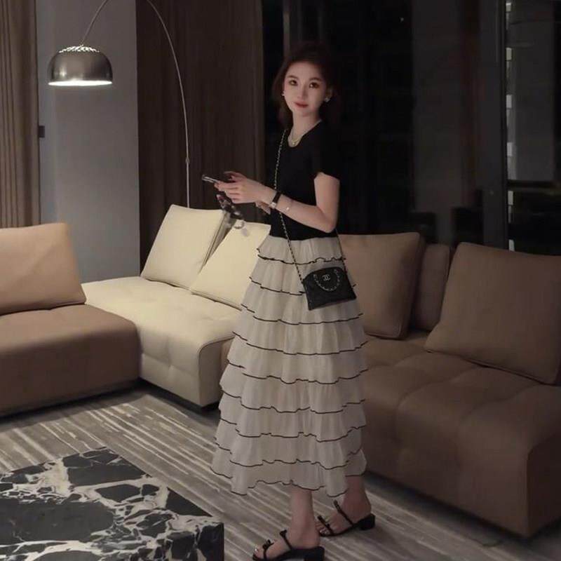 潮牌气质网纱蛋糕洋装女夏甜美法式a字蓬蓬裙高腰显瘦垂感长裙