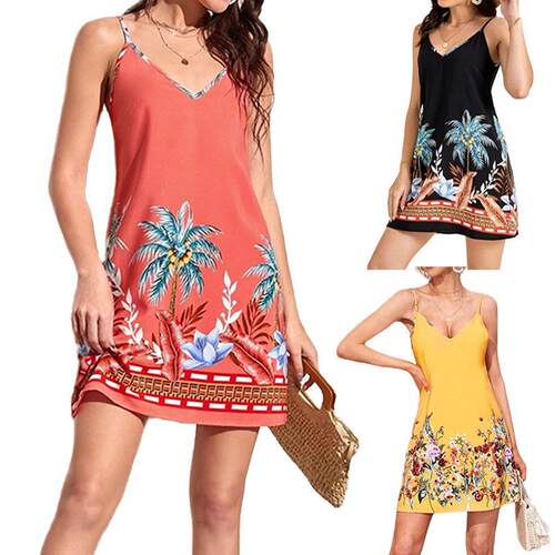 Women's suspender short skirt with tropical print