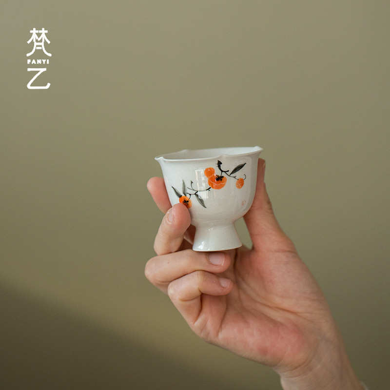 思陶斋草木灰手绘柿柿如意高足主人杯家用陶瓷品茗杯个人单杯批发