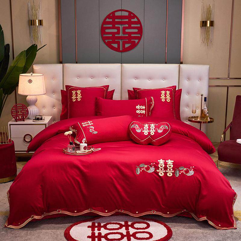 四件套套新喜全棉纯婚嫁结婚婚庆中式六件床上用品棉被套被红色