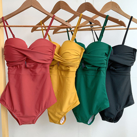 女游泳衣韩国版网红大胸显瘦比基尼聚拢泳装，纯色温泉泳装黄绿
