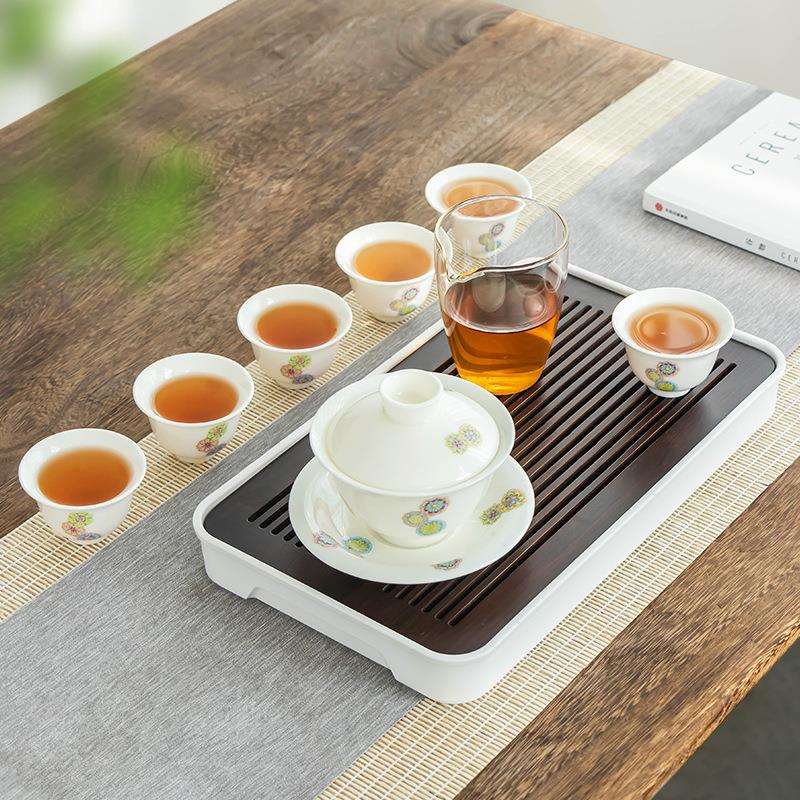 高档手绘茶具套装德化白玉瓷整套茶杯盖碗茶盘家用办公商务茶具礼