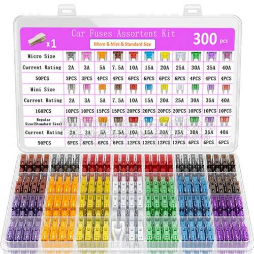 300PCS 汽车保险丝套装2A-40A中号小号迷你汽车保险丝插片32V盒装