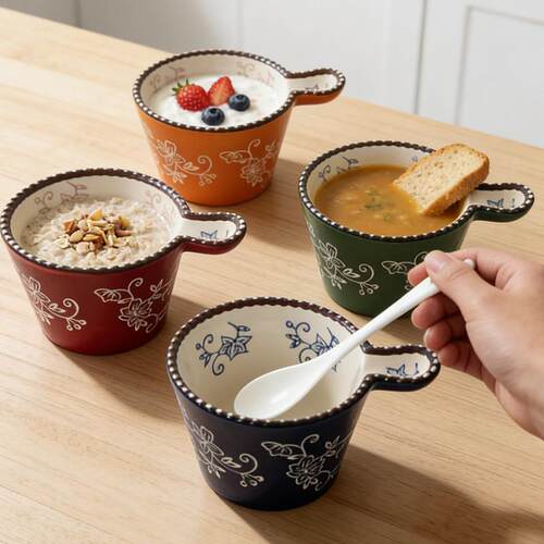 2026新款高档陶瓷珠点手柄酱料碗早餐杯烘焙蒸煮烤碗牛奶蛋糕舒芙