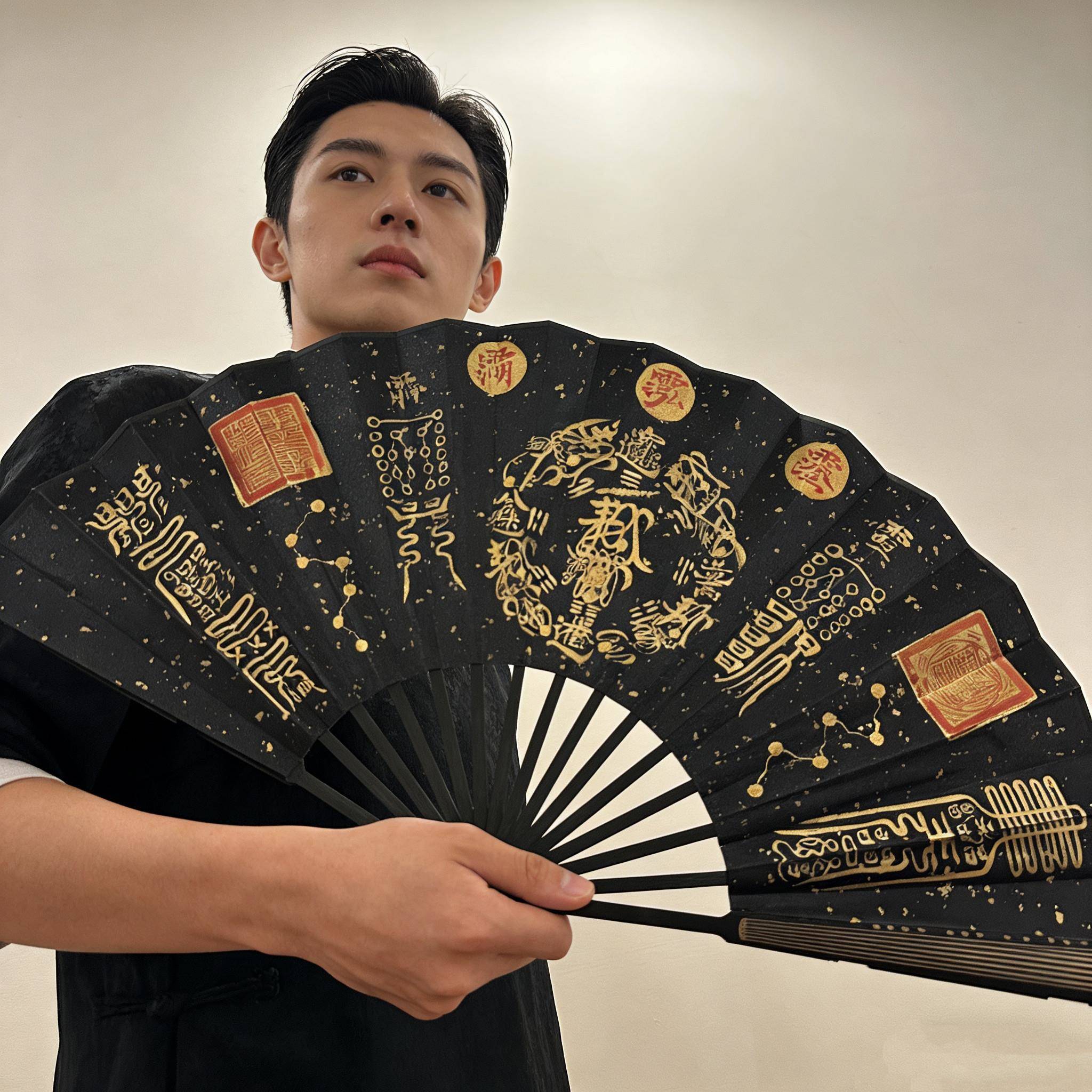 赵公明朱财神福扇法高扇道门扇折子砂金墨LMQ五雷画手工扇定制级图片