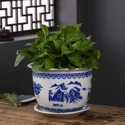 景德镇陶瓷田园花卉绿植盆栽盆花钵发财树绿萝兰桂花盆带托盘地面