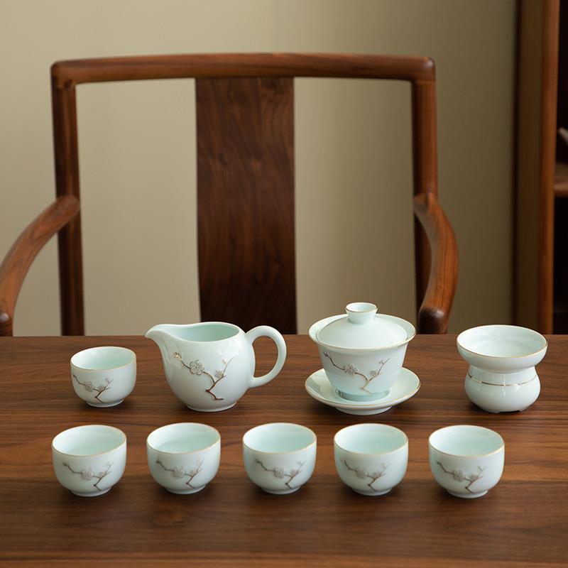 德化陶瓷茶具套装功夫泡茶专用喝茶家用高档轻奢盖碗青瓷浮雕梅花