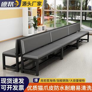 软包长条椅健身房休息区靠墙长条凳沙发带靠背长椅子理髲店等候椅