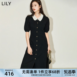 lily2024春女装气质通勤款，复古泡泡袖长款针织连衣裙小黑裙女