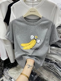 韩系香蕉印花短袖t恤女2024年夏季小个子百搭显瘦圆领上衣潮
