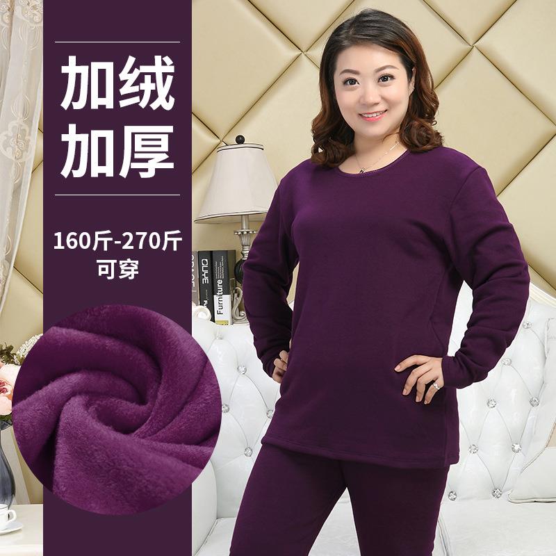 新款直销 加绒加厚女保暖内衣套装胖mm5XL加肥加大码中老年纯棉毛
