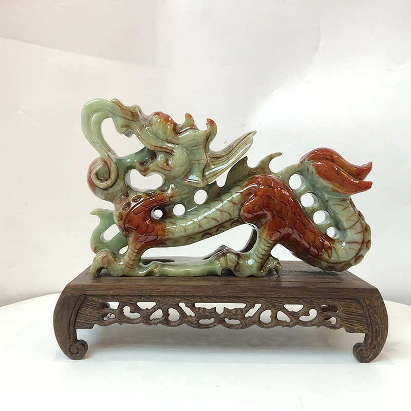 钰程本命年玉器 28厘米如意青龙戏珠岫玉石摆件补青龙位办公室