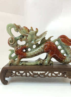 钰程本命年玉器  28厘米如意青龙戏珠岫玉石摆件补青龙位办公室