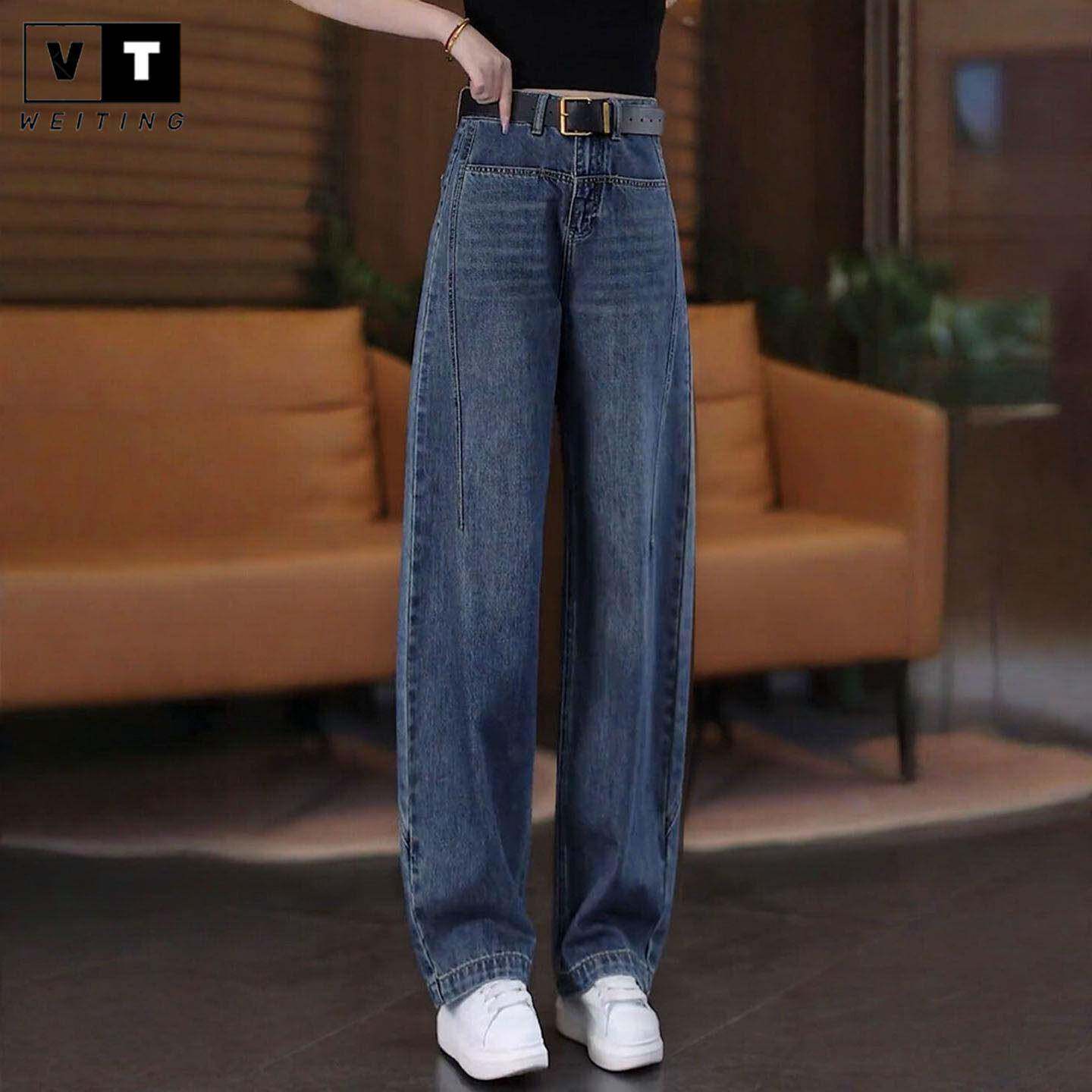 WEI TING复古蓝牛仔弯刀裤女款春秋季新款高腰显瘦窄版阔腿镰刀裤