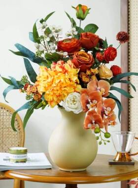 彷真花轻奢高端橙色系干花花束客厅橱窗摆件餐桌装饰乔迁假花摆设