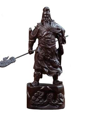 黑檀木雕刻关公像关羽横刀摆件木质武财神红木工艺品客厅摆件礼品