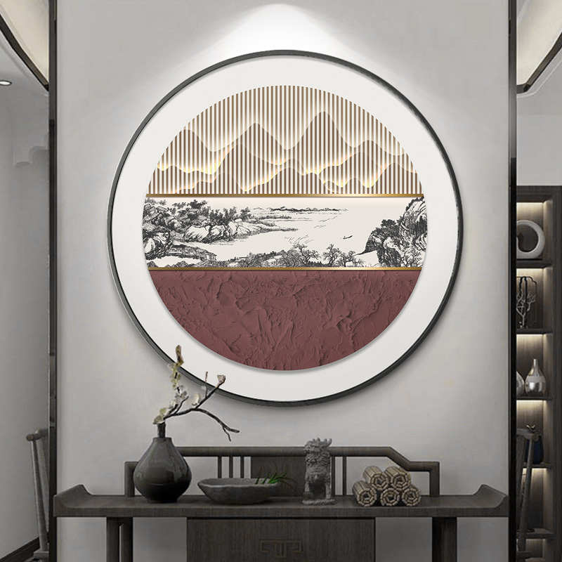新中式入户玄关装饰画山水画客厅背景墙壁画圆形餐厅书房茶室挂画