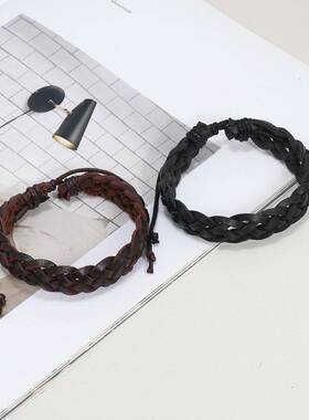 外贸热销士复古皮革手链跨境皮饰品手工编织手环手绳厂家