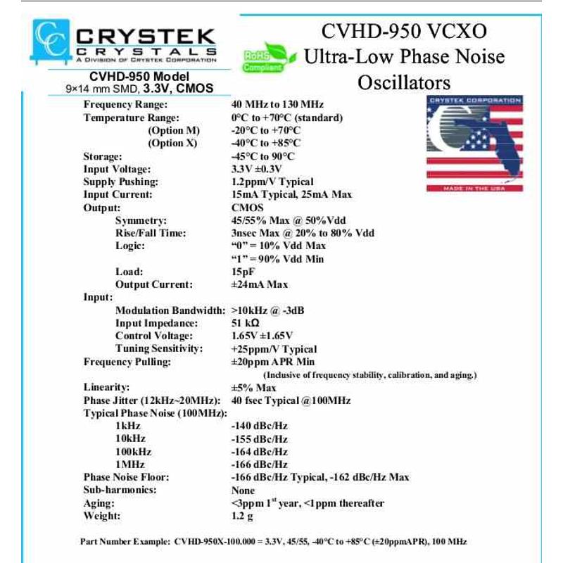 原装飞秒 CRYSTEK CVHD-950X-100 100M 100MHZ 低相噪 高精度晶振