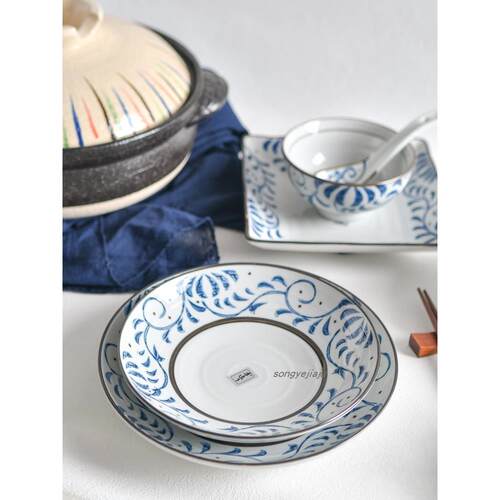 中式唐草纹陶瓷餐具手绘菜盘子釉下彩面碗大号鱼盘味碟汤碗饭碗