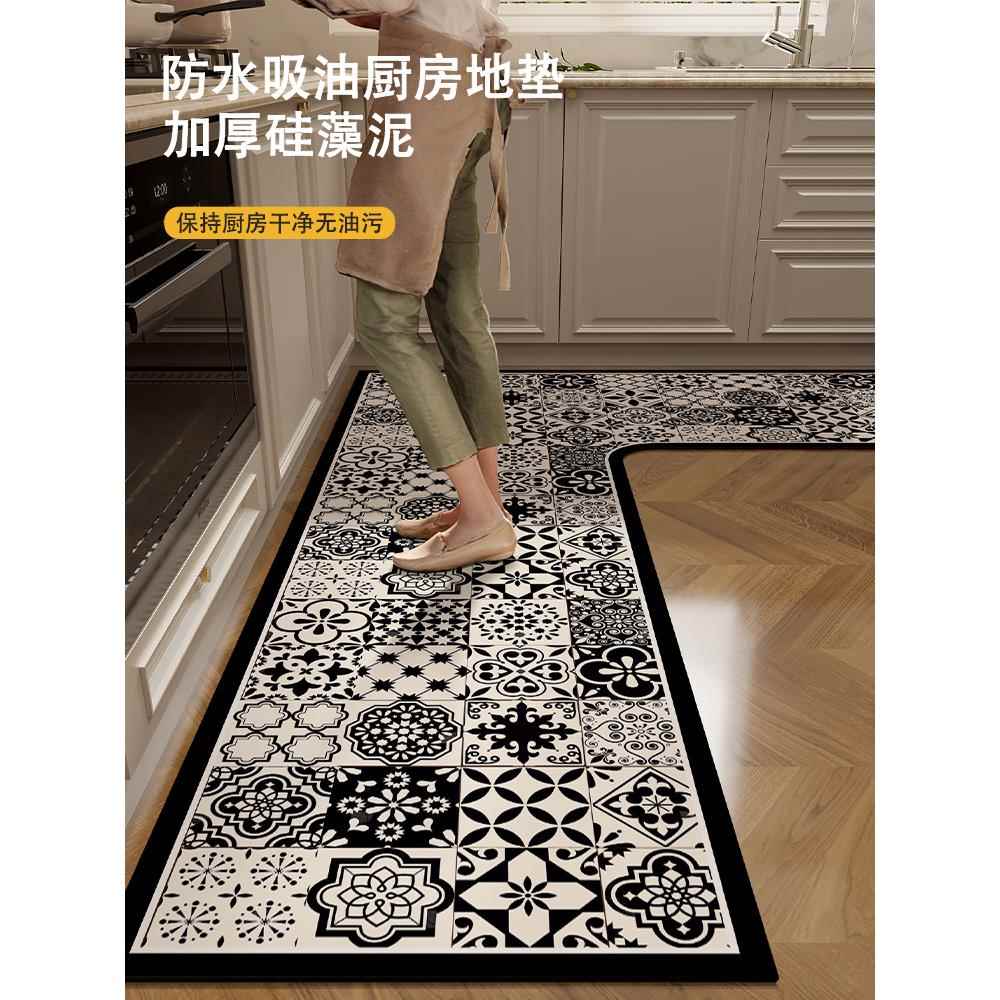 覆古花砖厨房专用地垫转角L型可擦免洗防滑硅藻泥吸水7字型脚垫子