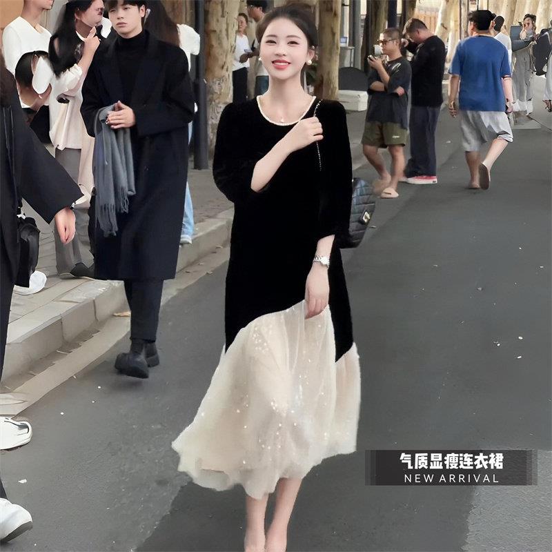 新品女神范假两件黑色丝绒连衣裙女春秋装新款拼接亮片显瘦网纱长