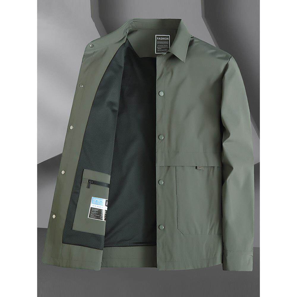 高端军绿色翻领夹克男春秋季中年商务宽松大码单排扣风衣外套高端