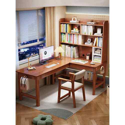 实木转角书桌书架一体小户型家用电脑桌拐角L型办公桌学生写字台