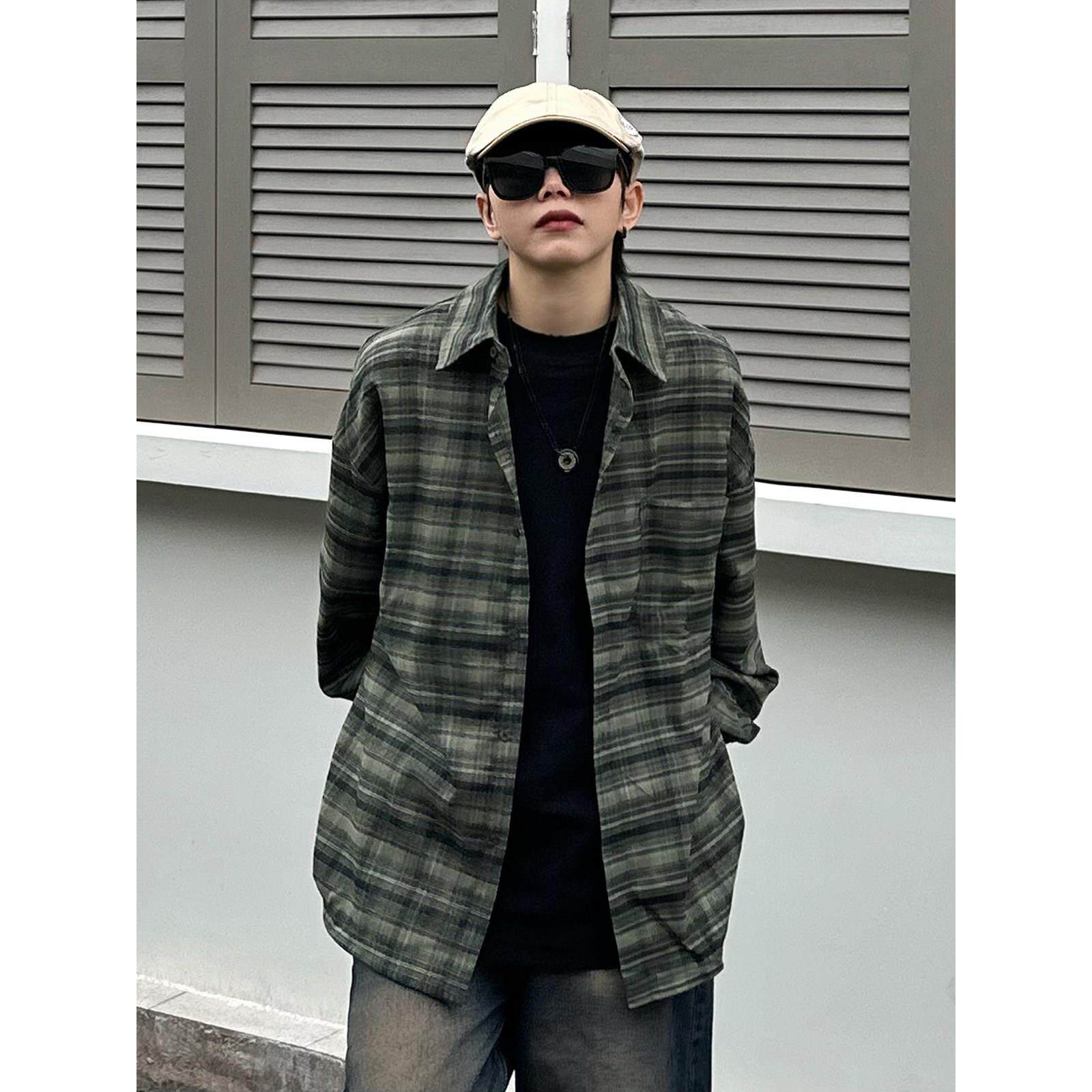XBRO美式覆古古著格子长袖衬衫春秋百搭通勤衬衫男女宽松慵懒外套