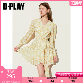 DPLAY夏度假风雪纺黄色茶歇V领长袖收腰不规则仙女短裙连衣裙