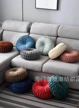 欧式车轮抱枕靠垫纯色圆形手工褶皱腰靠枕金丝绒抱枕蒲团垫飘窗垫