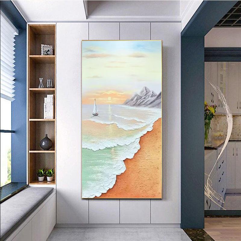 纯手绘油画大海立体肌理玄关装饰画走廊楼梯竖版手工壁画一帆风顺
