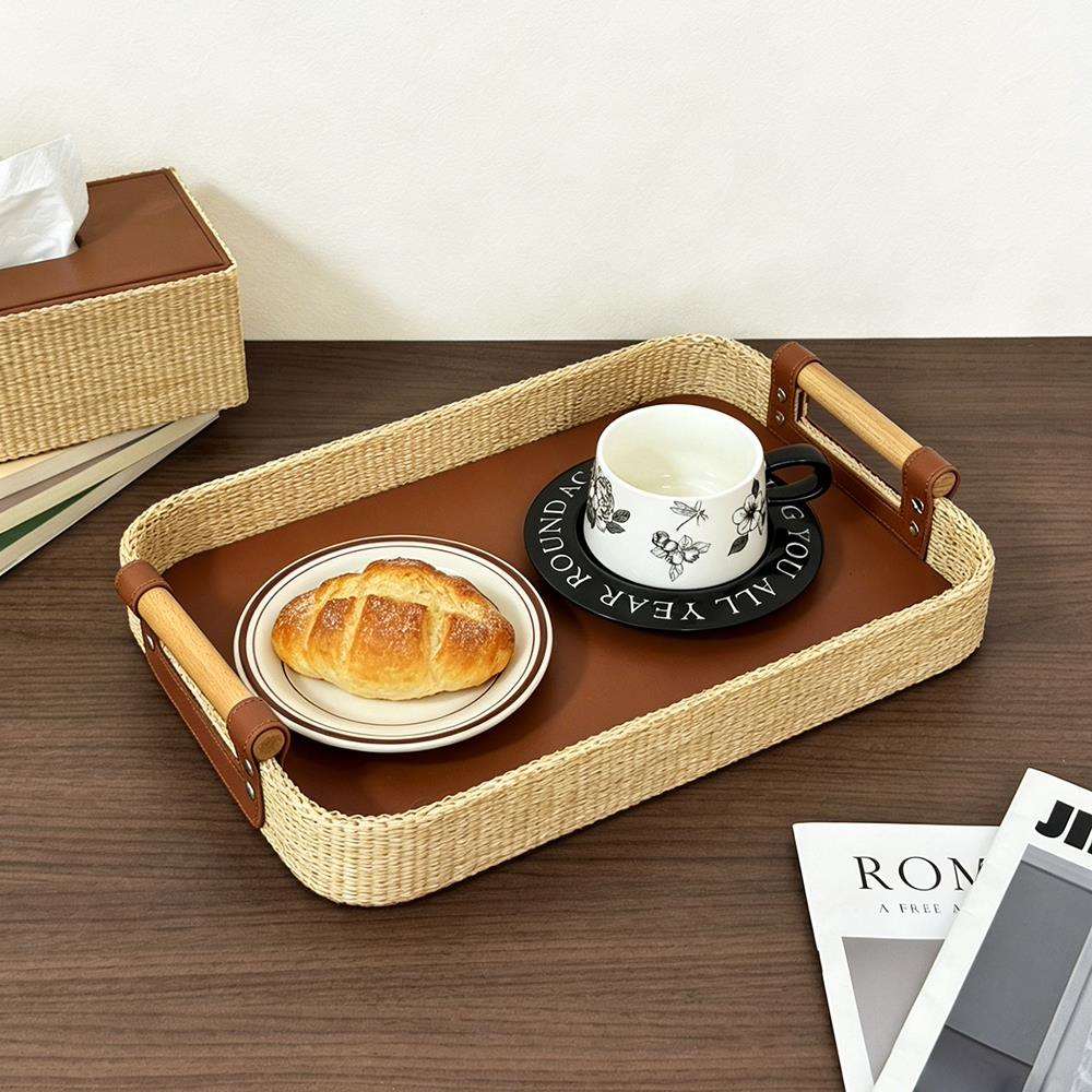 式高中古法藤编皮质托PHZ盘级感客厅茶几装饰摆饰香轻奢高档薰置