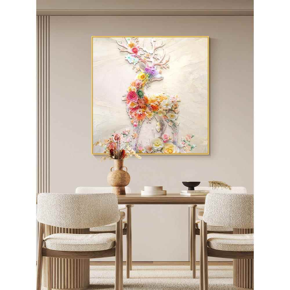 法式奶油风餐厅装饰画一路生花卉饭厅餐桌挂画麋鹿玄关正方形壁画