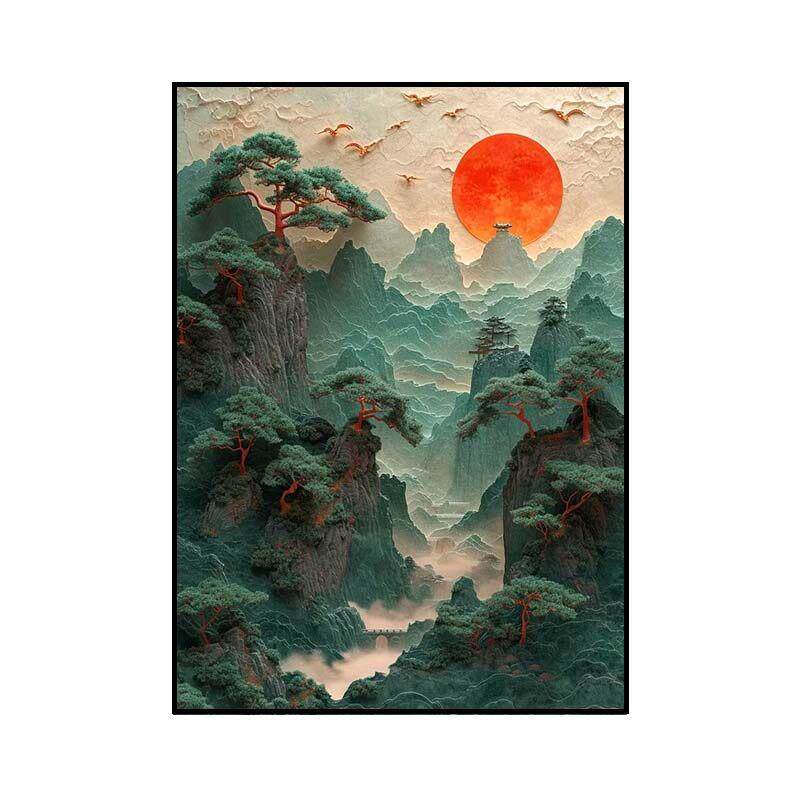 新中式山水装饰画国风画风景艺术壁画入门玄关挂画太阳悬挂家庭画