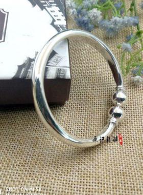 高档999纯银手镯蒜女款 光面开口头对珠手镯扁手工做 银饰 生订日