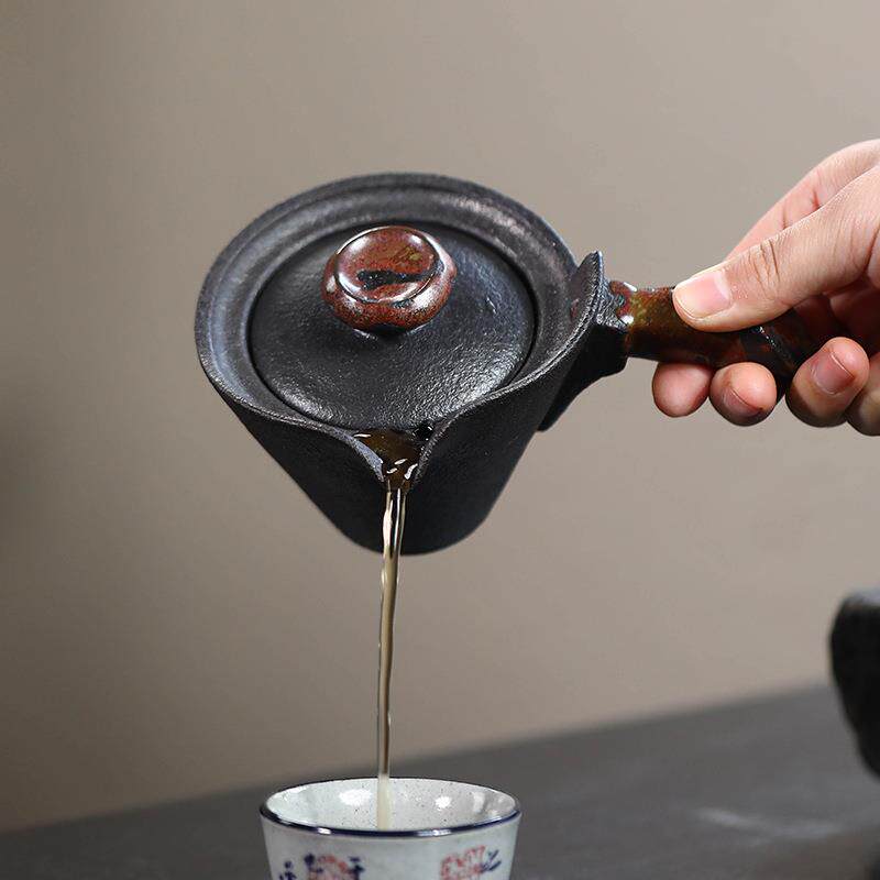 宜兴紫砂壶手工公道杯有柄分茶器还原柴烧粗陶手捏侧把泡茶壶