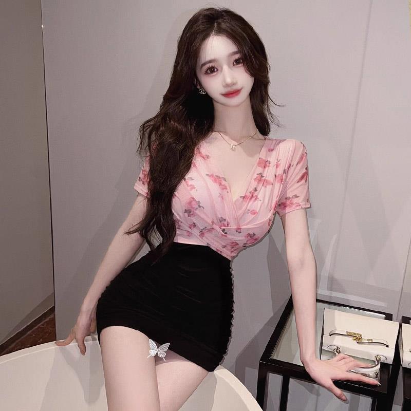 夜总会女装夜场上班衣服足浴工作服性感低胸深领短袖包臀洋装