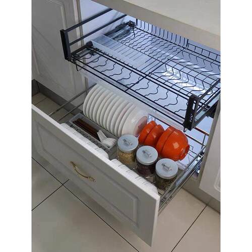 厨房柜双层三面抽屉式滑动不锈钢纳米干镀碟篮排水架拉篮储存