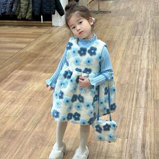 2024冬季新款女童木耳边毛衣花朵加绒背心裙女宝宝洋气冬裙公主风